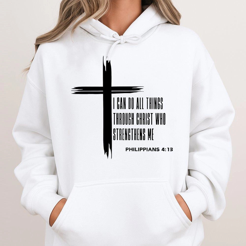 Philippians 4:13 Christian Hoodie | Bible Verse Cross Graphic Print | Premium Cotton-Poly Blend | Religious Gift for Men and 
