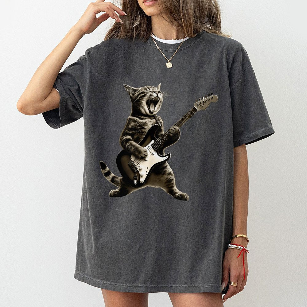 Rock Cat Guitar T-Shirt | Funny Musician Kitten Graphic | Premium 100% Cotton Tee | Unique Gift For Music Lovers & Cat Owners