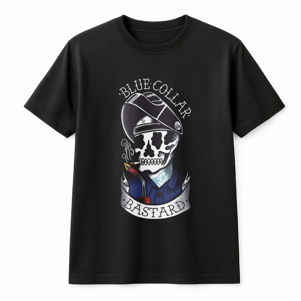 Welder Skull Graphic T-Shirt | Blue Collar Bastard Tattoo Style Art | Premium Cotton Unisex Tee | Funny Gift For Welders And 