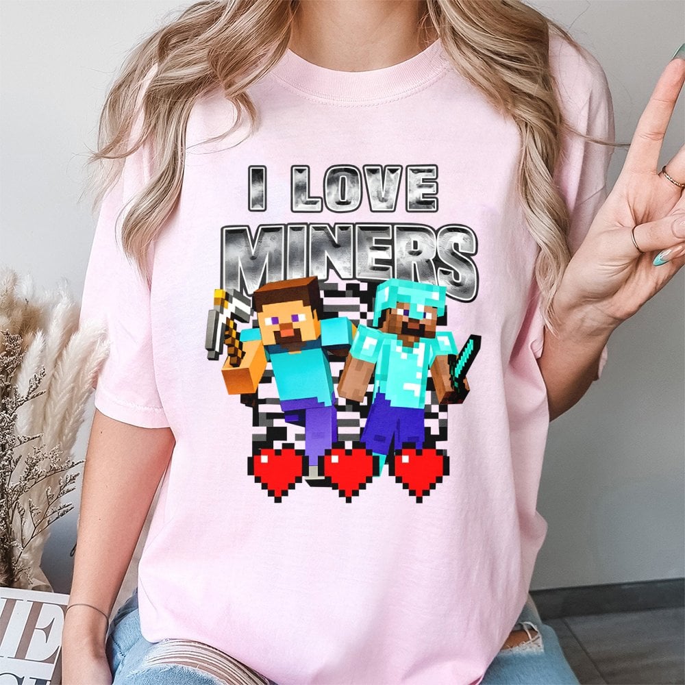 I Love Miners Pixel Graphic T-Shirt | Retro Gamer Mining Adventure Tee | 100% Cotton Premium Quality | Funny Video Game Gift 