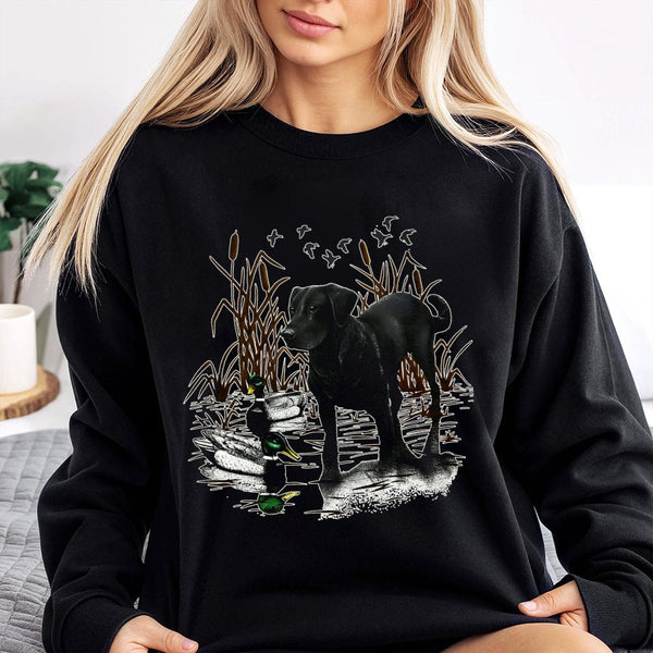 Black Labrador Retriever Sweatshirt | Duck Hunting Nature Graphic | Premium Cotton Blend | Gift for Dog Lover and Outdoorsman