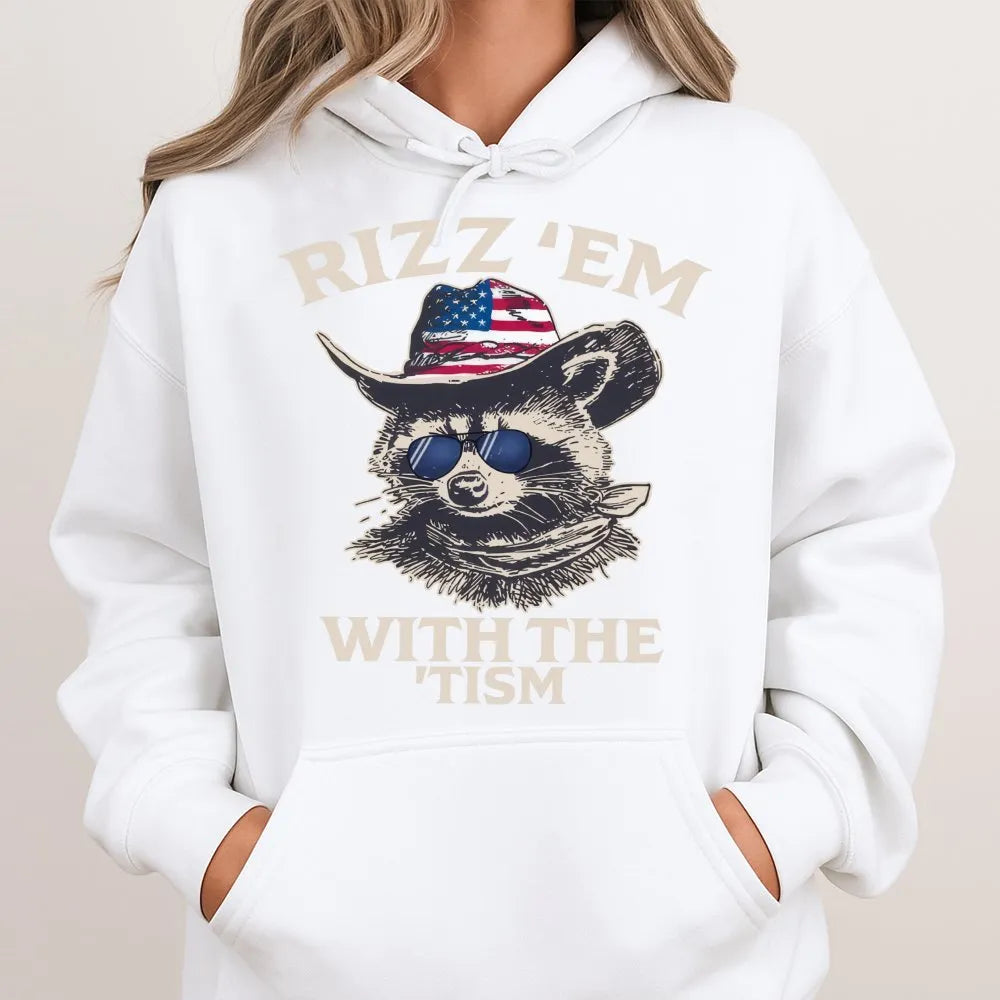 Rizz Em With The Tism Hoodie | Funny Raccoon Cowboy Graphic | Premium Soft Cotton Blend | Gift For Neurodivergent Friends Adu