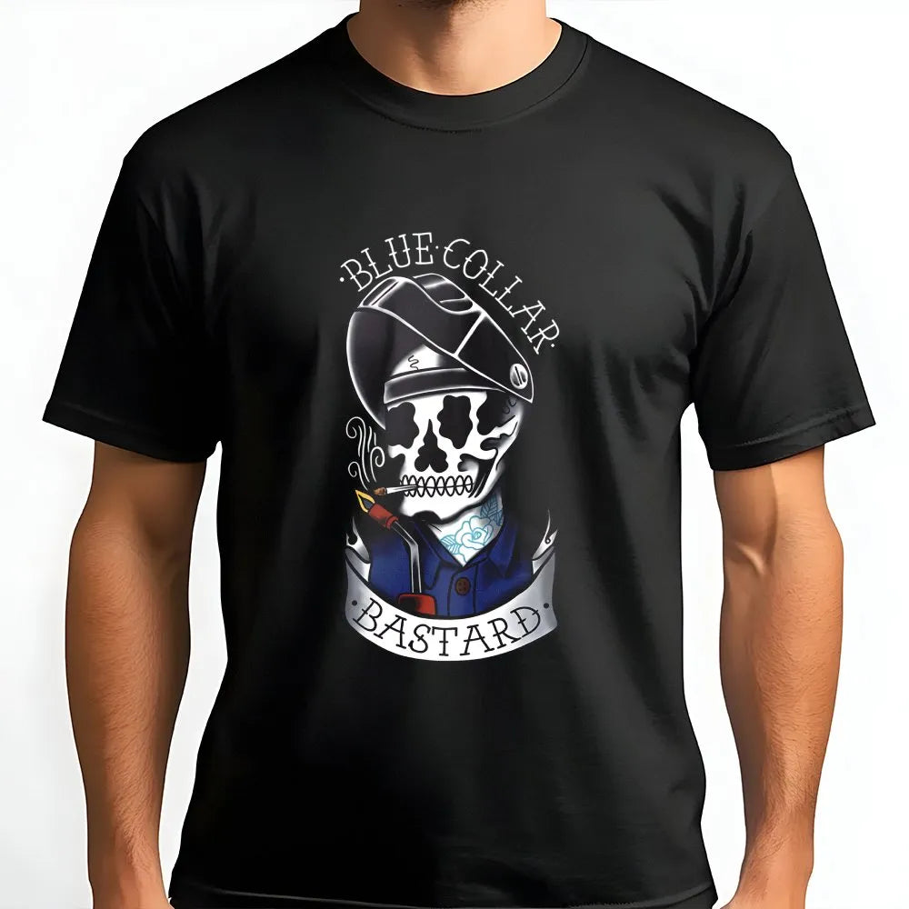Welder Skull Graphic T-Shirt | Blue Collar Bastard Tattoo Style Art | Premium Cotton Unisex Tee | Funny Gift For Welders And 