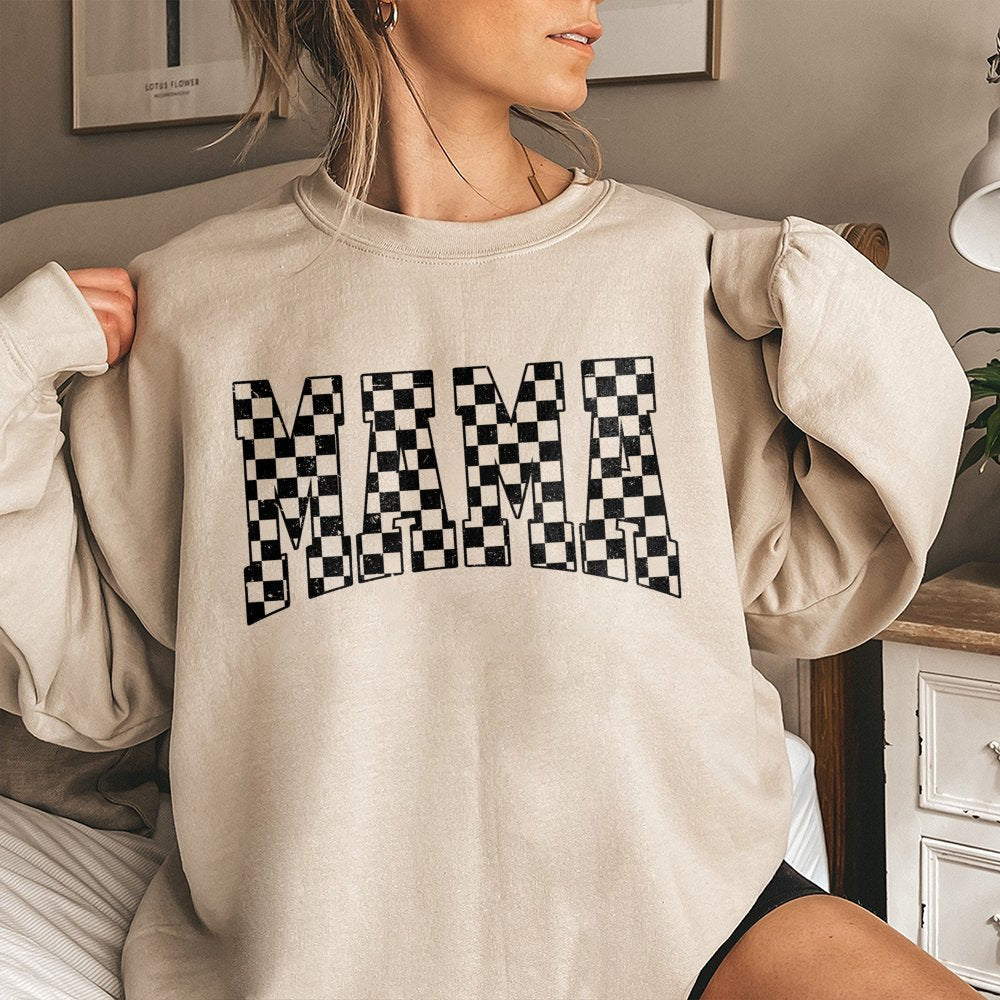 Mama Sweatshirt | Retro Checkered Varsity Font | Soft Cotton Blend | Trendy Gift for Mom New Mom Birthday Gift