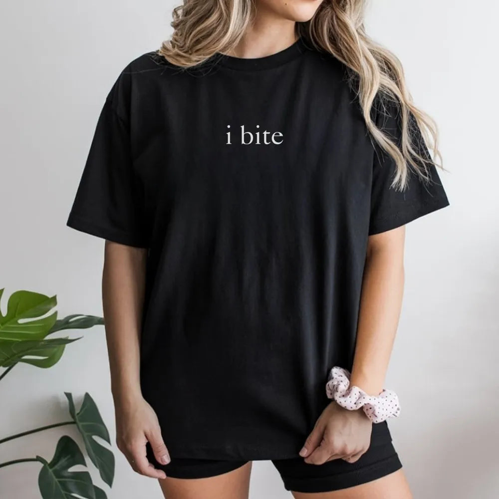 I Bite T-Shirt | Minimalist Graphic Sarcastic Meme | Premium Cotton Unisex Tee | Funny Gen Z Aesthetic Gift For Friends