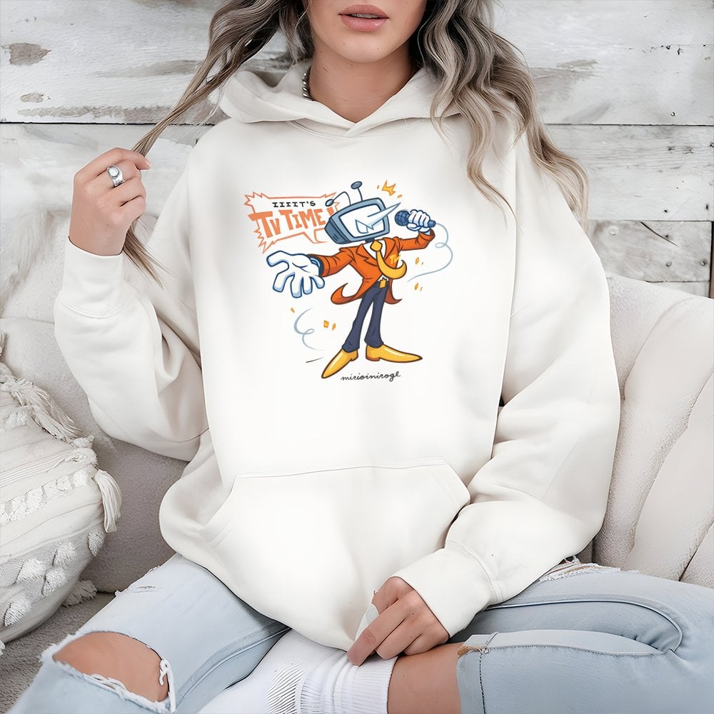 Retro TV Show Host Hoodie | Cartoon Television Character Graphic | Premium Cotton-Blend Fleece | Unique Gaming & Pop Culture 