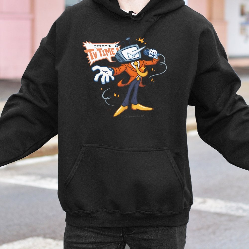Retro TV Show Host Hoodie | Cartoon Television Character Graphic | Premium Cotton-Blend Fleece | Unique Gaming & Pop Culture 