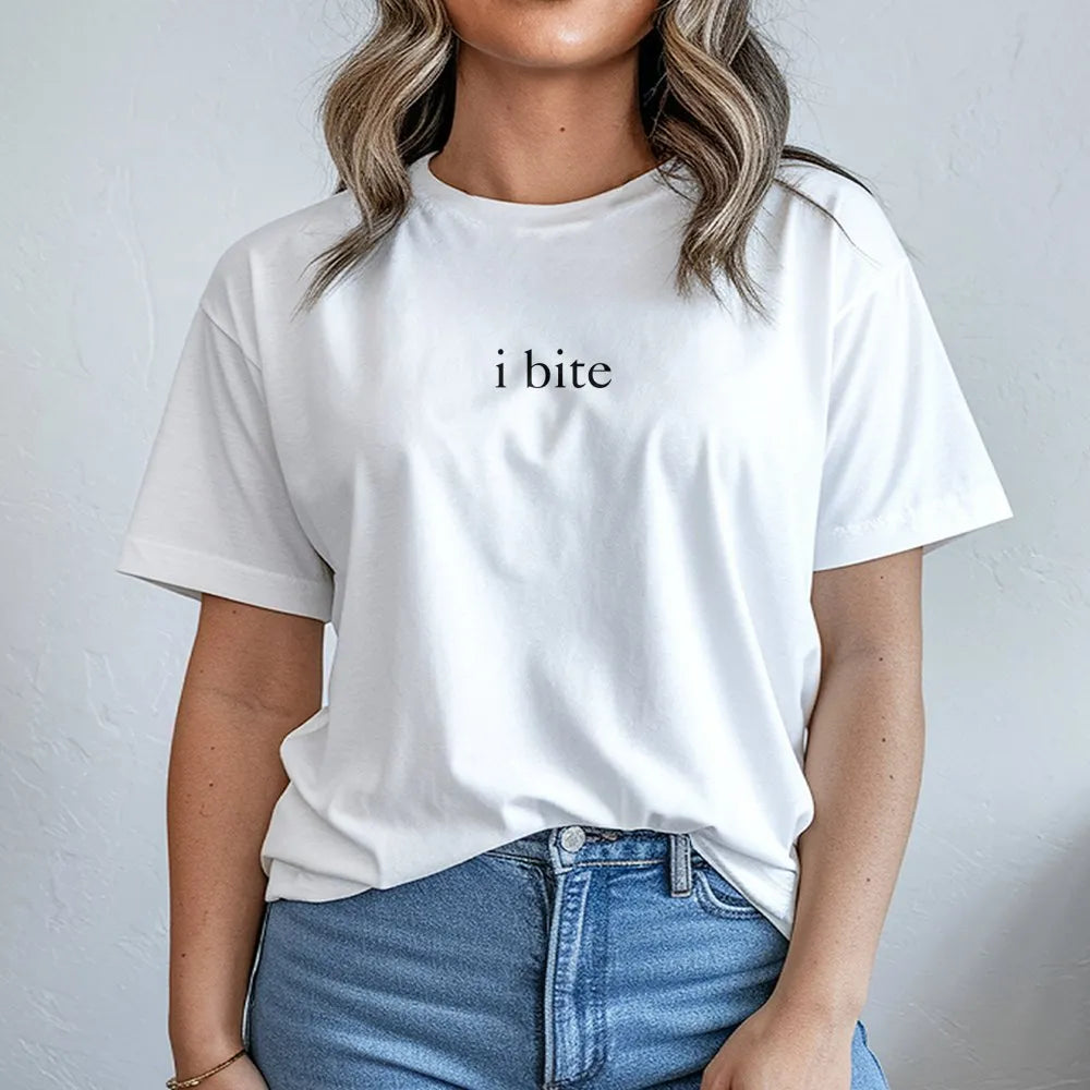 I Bite T-Shirt | Minimalist Graphic Sarcastic Meme | Premium Cotton Unisex Tee | Funny Gen Z Aesthetic Gift For Friends