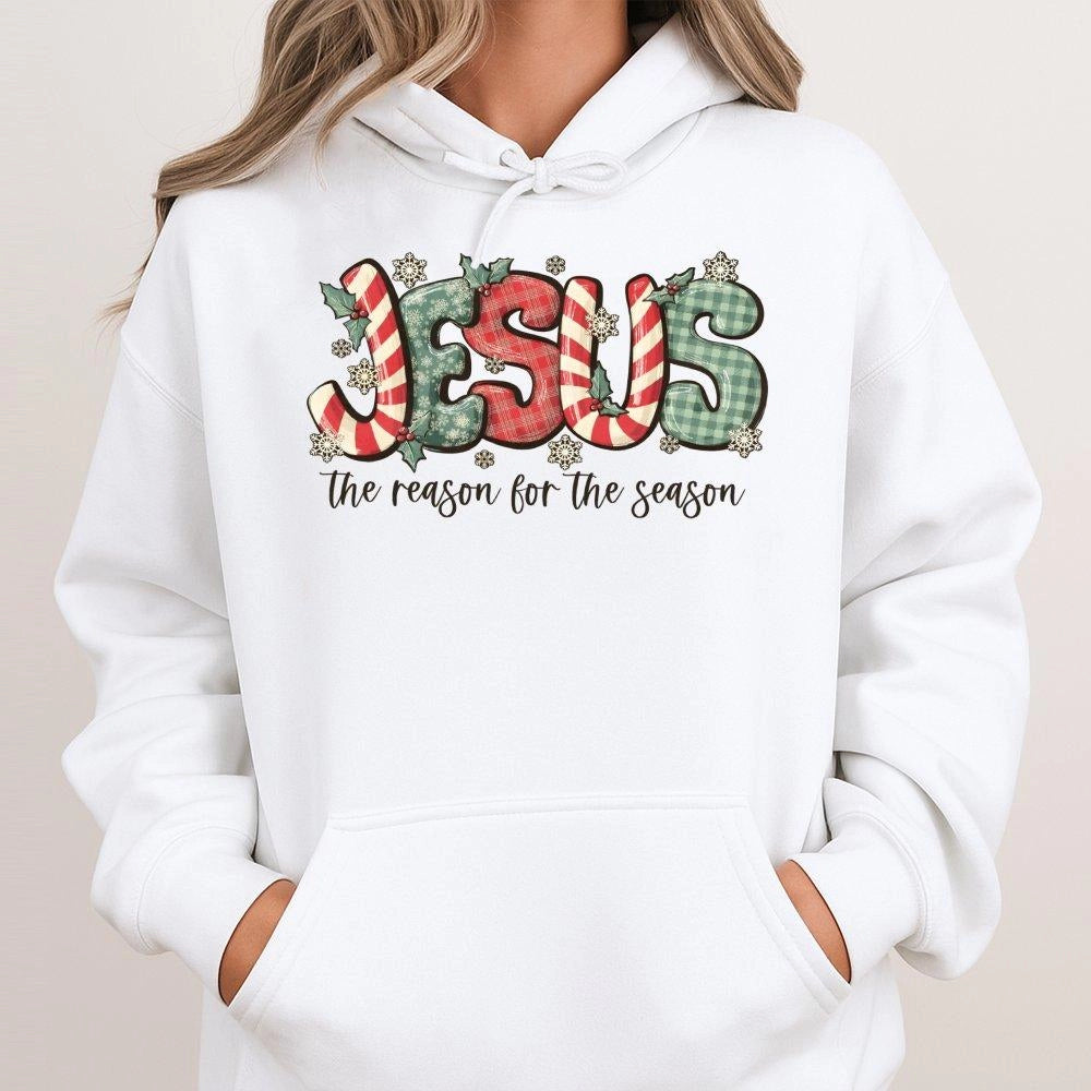 Jesus The Reason For The Season Hoodie | Plaid Candy Cane Christmas Design | Premium Cotton Blend | Christian Religious Gift 