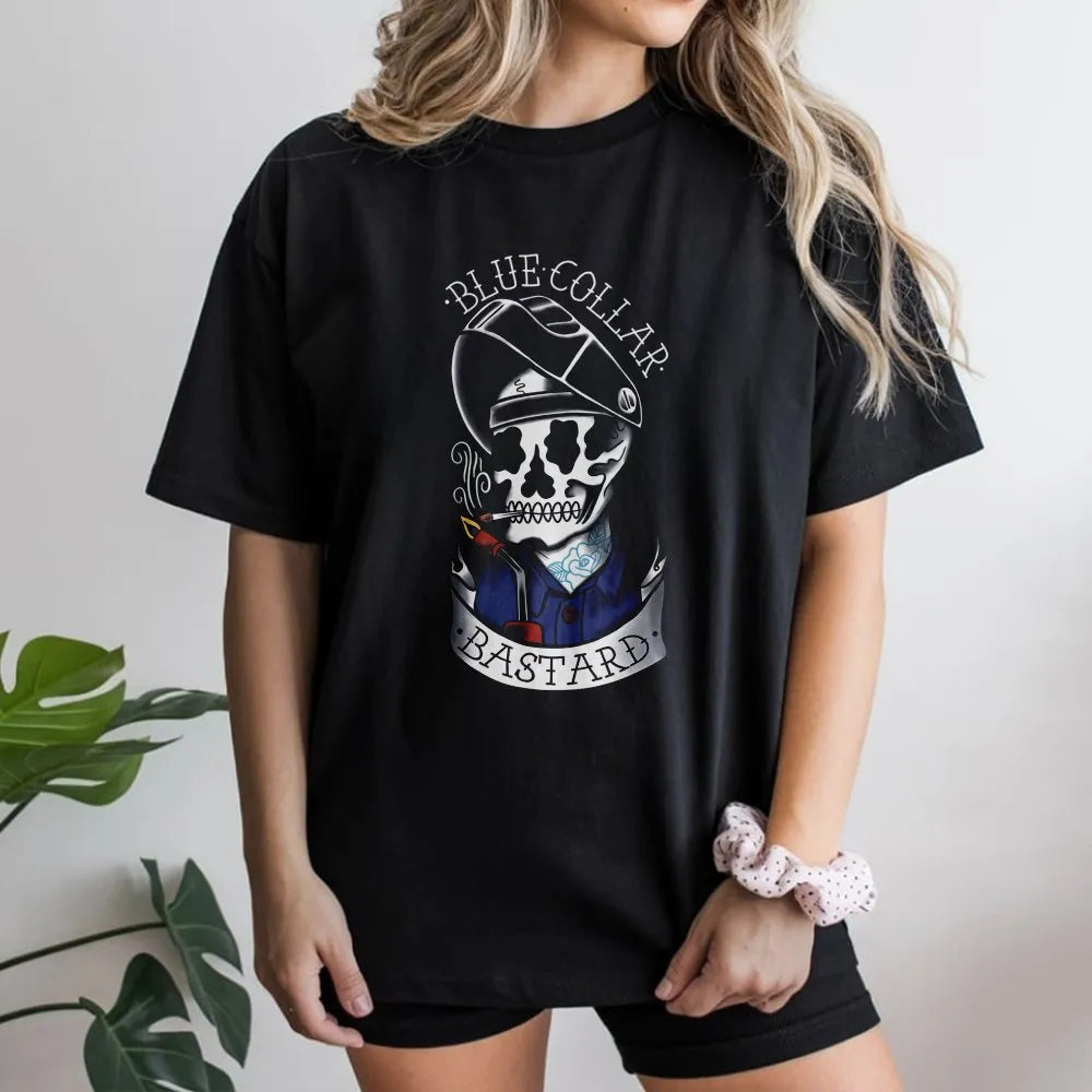 Welder Skull Graphic T-Shirt | Blue Collar Bastard Tattoo Style Art | Premium Cotton Unisex Tee | Funny Gift For Welders And 