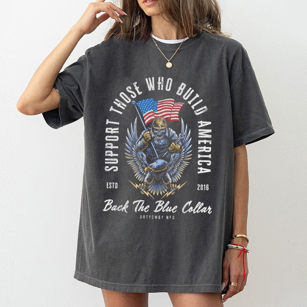 Back The Blue Collar T-Shirt | American Worker Patriotic Graphic | 100% Cotton Premium Tee | Construction Worker Gift for Men