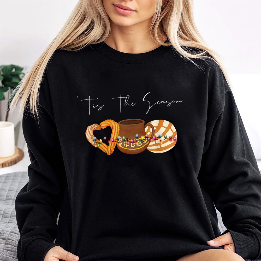 Tis The Season Mexican Christmas Sweatshirt | Churro Concha Hot Chocolate Graphic | Premium Cotton Blend | Holiday Gift For H