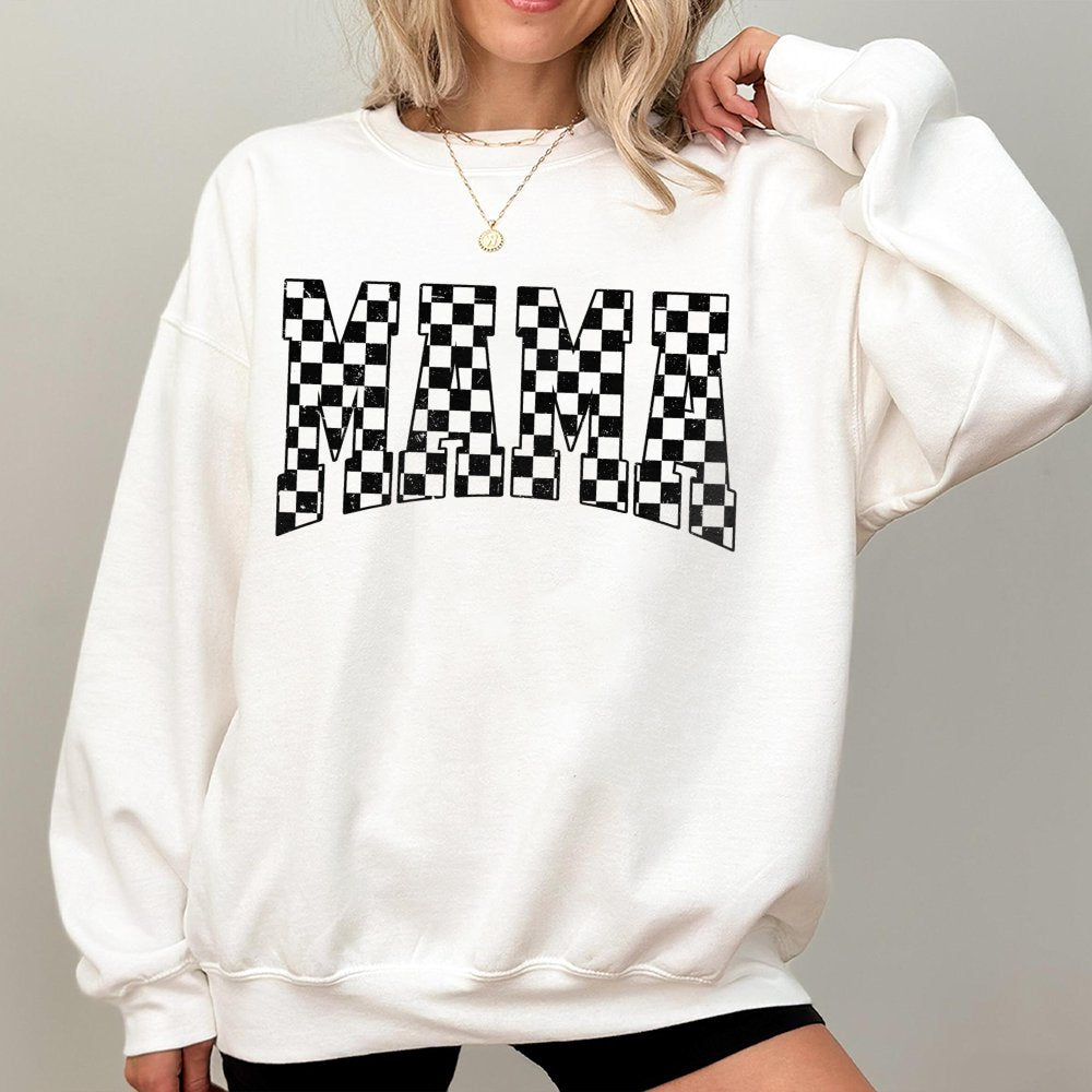 Mama Sweatshirt | Retro Checkered Varsity Font | Soft Cotton Blend | Trendy Gift for Mom New Mom Birthday Gift