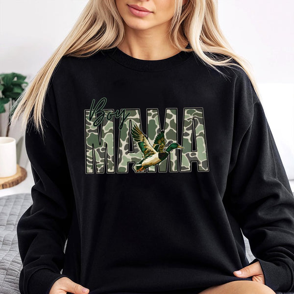 Boy Mama Sweatshirt | Camo Mallard Duck Hunting Design | Premium Cotton Blend Crewneck | Gift For Outdoorsy Mom & Hunting Ent