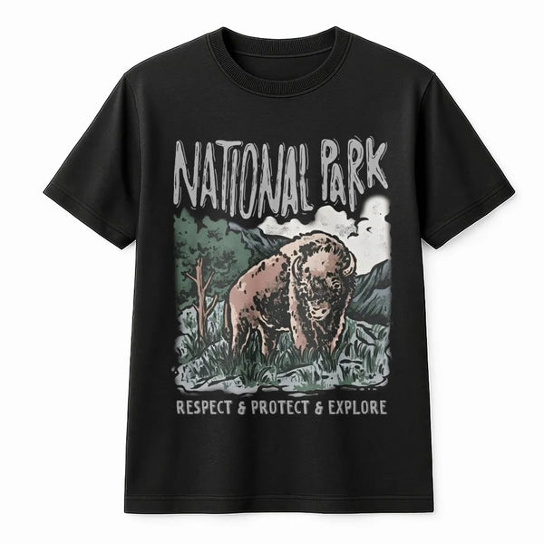Bison National Park T-Shirt | Vintage Wildlife Graphic Print | Premium Soft Cotton | Nature Lover Gift for Hikers and Campers