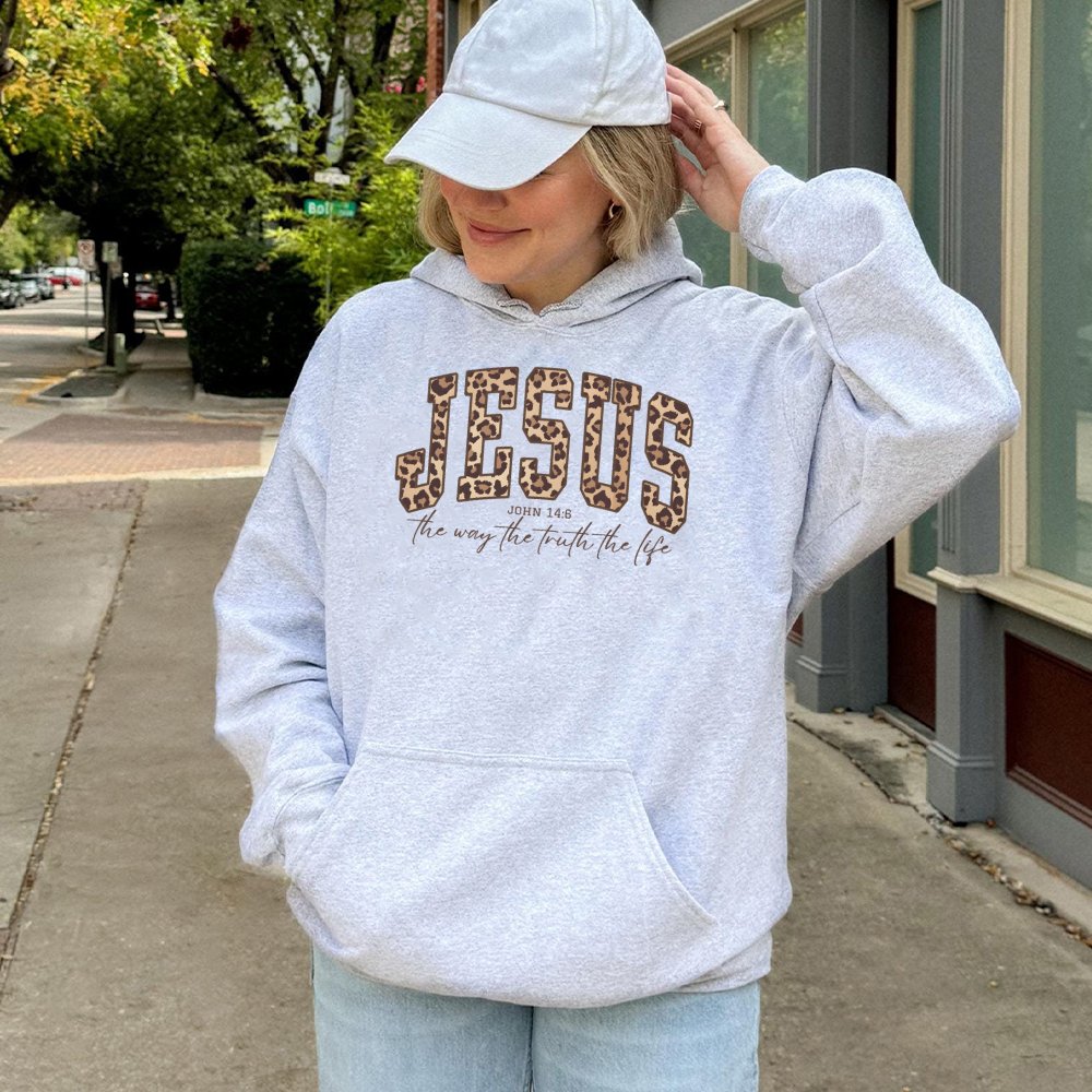 Jesus Leopard Print Hoodie | John 14:6 Bible Verse Graphic | Premium Cotton-Poly Blend | Christian Faith Gift for Women & Men