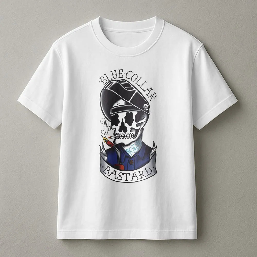 Welder Skull Graphic T-Shirt | Blue Collar Bastard Tattoo Style Art | Premium Cotton Unisex Tee | Funny Gift For Welders And 