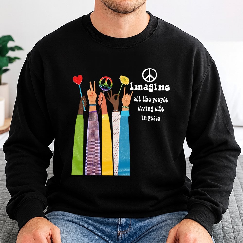 Imagine Peace Graphic Sweatshirt | Retro Hippie Music Quote | Soft Cotton Blend Crewneck | Unisex Boho Gift for Music Lovers