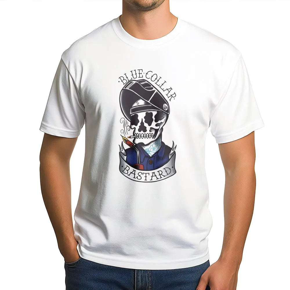Welder Skull Graphic T-Shirt | Blue Collar Bastard Tattoo Style Art | Premium Cotton Unisex Tee | Funny Gift For Welders And 