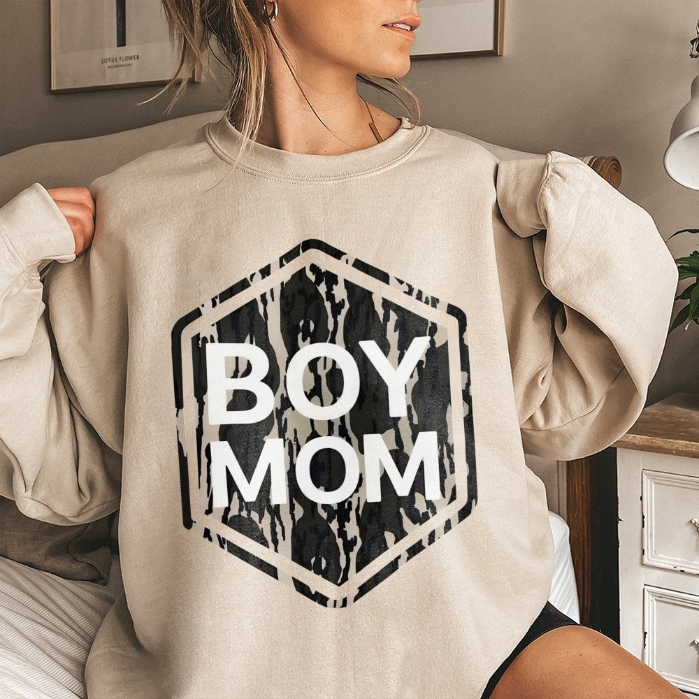 Boy Mom Sweatshirt | Vintage Camo Hexagon Print | Premium Cotton-Blend | Trendy Gift for Her
