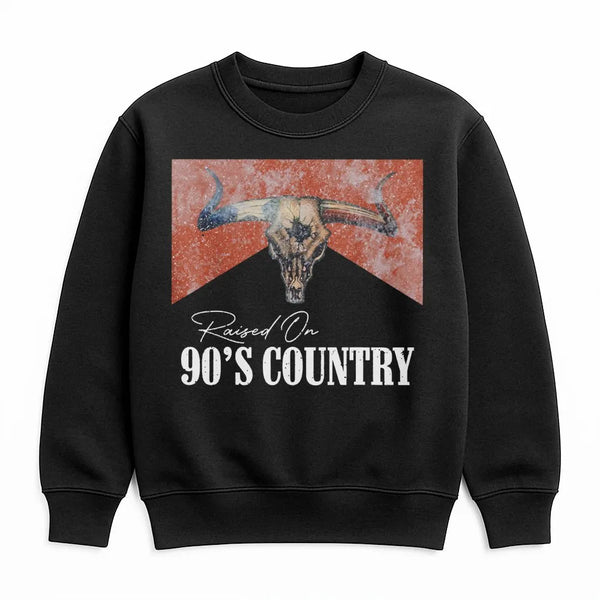 Raised On 90s Country Sweatshirt | Distressed Bull Skull Graphic | Premium Cotton Blend | Vintage Western Concert Outfit Gift