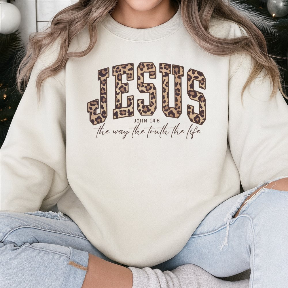 Jesus Leopard Print Sweatshirt | John 14:6 Bible Verse Graphic | Premium Cotton Blend Crewneck | Christian Faith Gift for Wom