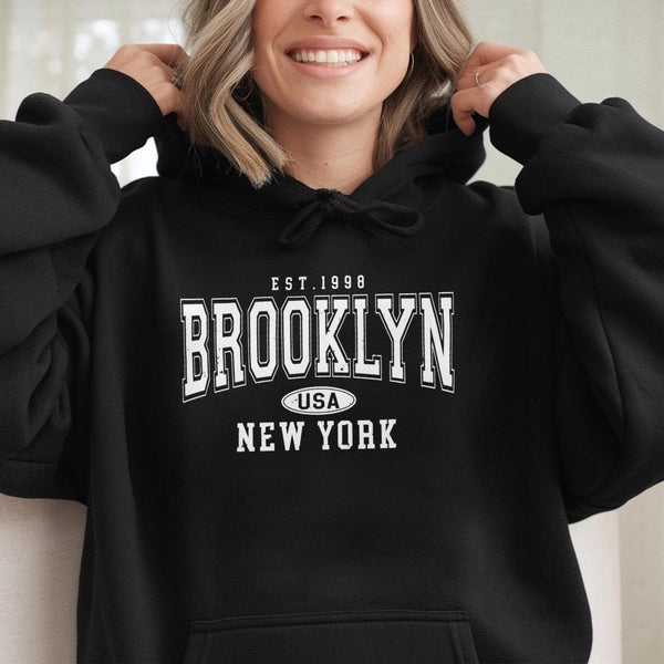 Brooklyn New York Hoodie | Vintage Aesthetic Varsity Lettering | Cotton-Polyester Blend | Unisex City Souvenir Gift