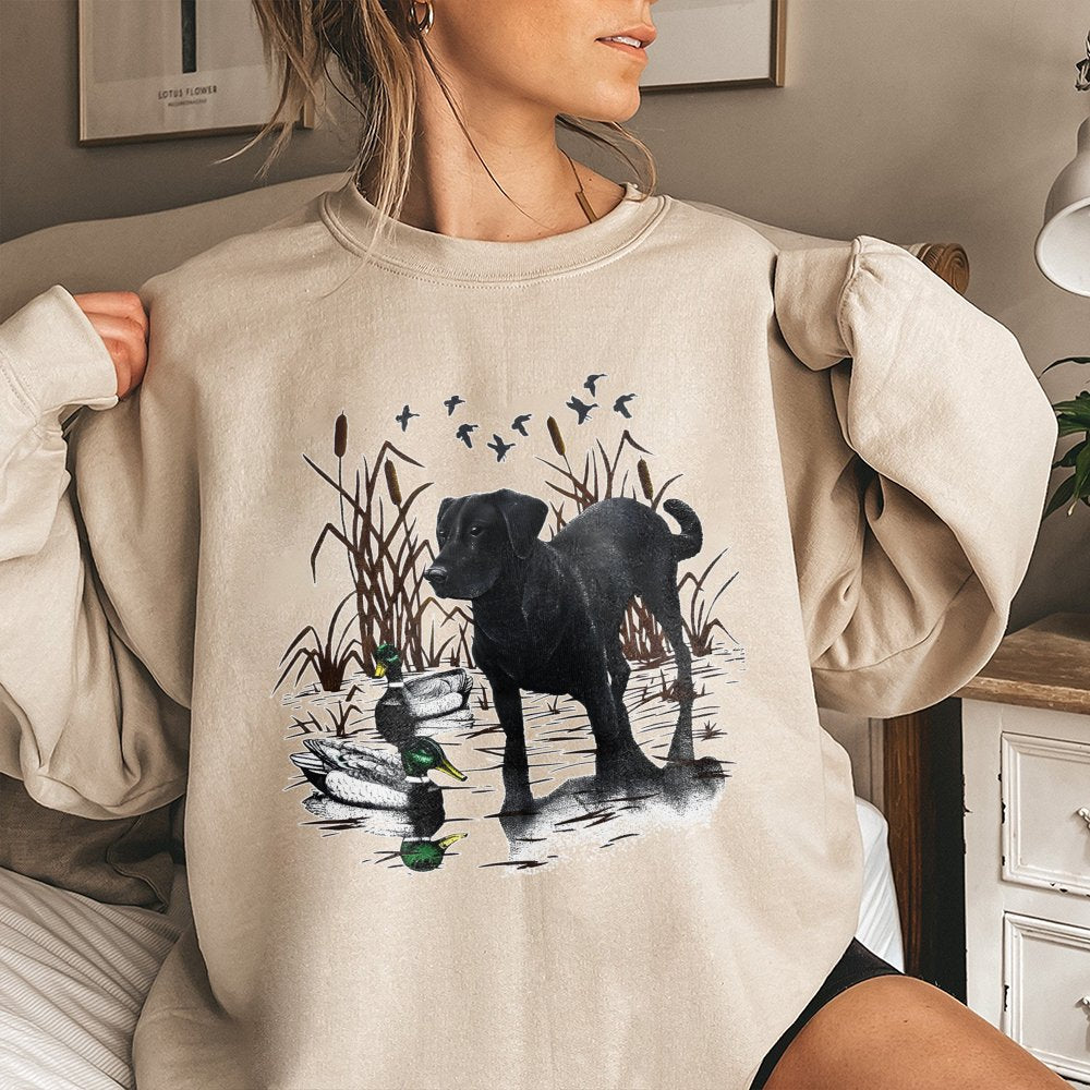 Black Labrador Retriever Sweatshirt | Duck Hunting Nature Graphic | Premium Cotton Blend | Gift for Dog Lover and Outdoorsman