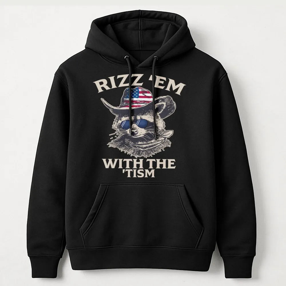 Rizz Em With The Tism Hoodie | Funny Raccoon Cowboy Graphic | Premium Soft Cotton Blend | Gift For Neurodivergent Friends Adu