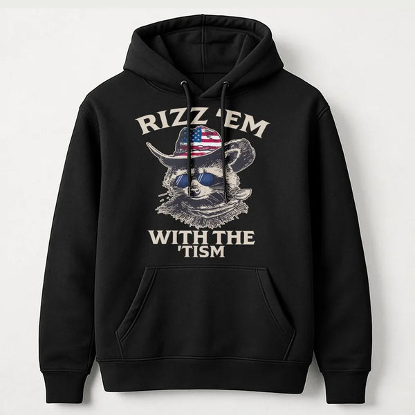 Rizz Em With The Tism Hoodie | Funny Raccoon Cowboy Graphic | Premium Soft Cotton Blend | Gift For Neurodivergent Friends Adu