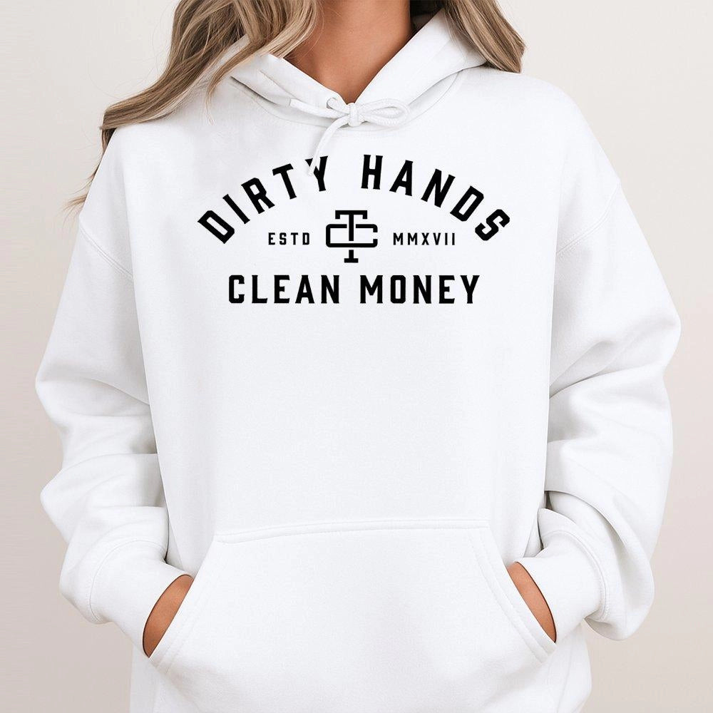 Dirty Hands Clean Money Hoodie | Mechanic Workwear Graphic Print | Premium Cotton-Blend Fleece | Gift for Blue Collar Worker