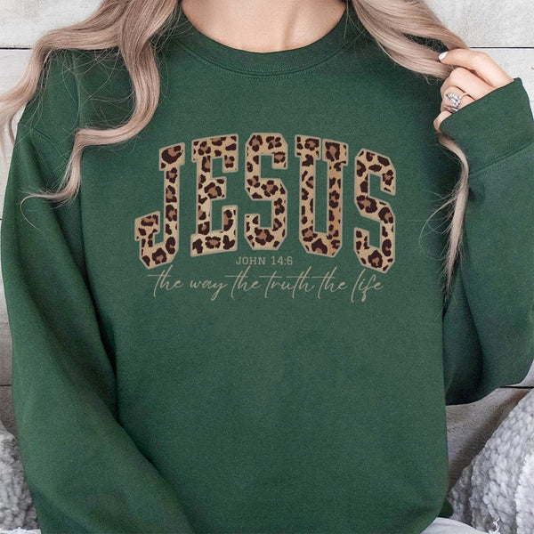 Jesus Leopard Print Sweatshirt | John 14:6 Bible Verse Graphic | Premium Cotton Blend Crewneck | Christian Faith Gift for Wom