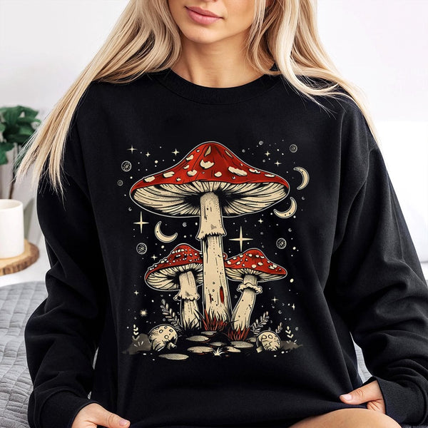 Celestial Mushroom Sweatshirt | Boho Toadstool Graphic Print | Soft Cotton Blend Premium Pullover | Gift for Nature and Cotta
