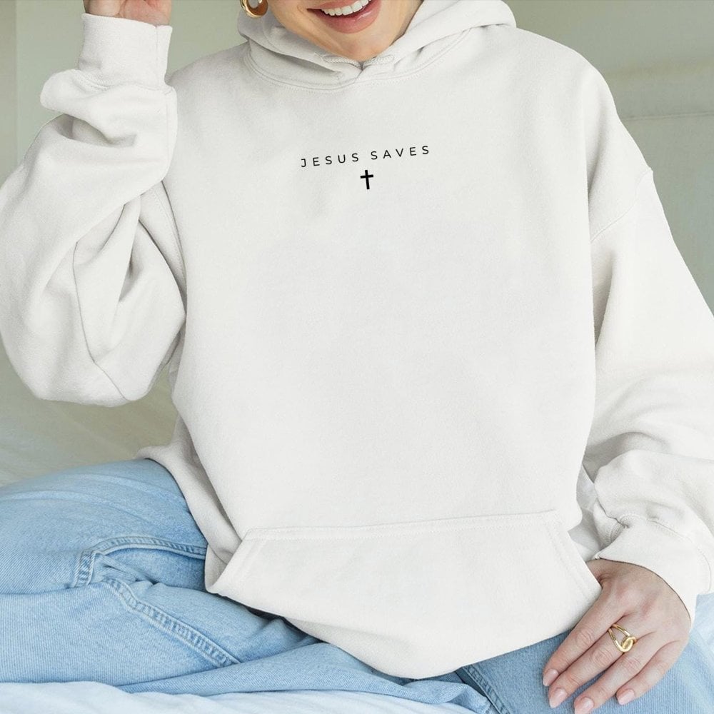 Jesus Saves Hoodie | Minimalist Cross Religious Graphic | Premium Cotton-Poly Blend | Christian Faith Gift for Men and Women