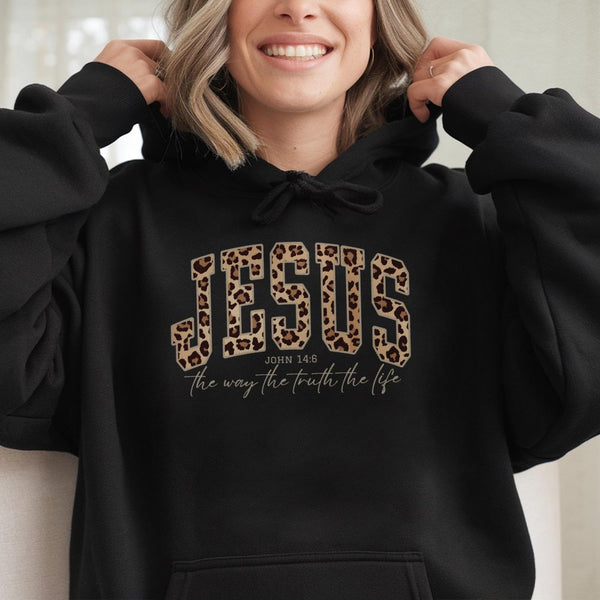 Jesus Leopard Print Hoodie | John 14:6 Bible Verse Graphic | Premium Cotton-Poly Blend | Christian Faith Gift for Women & Men