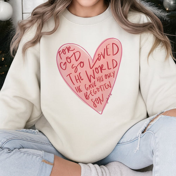 John 3:16 Sweatshirt | For God So Loved The World Heart Design | Premium Cotton Blend Crewneck | Christian Faith Gift for Wom