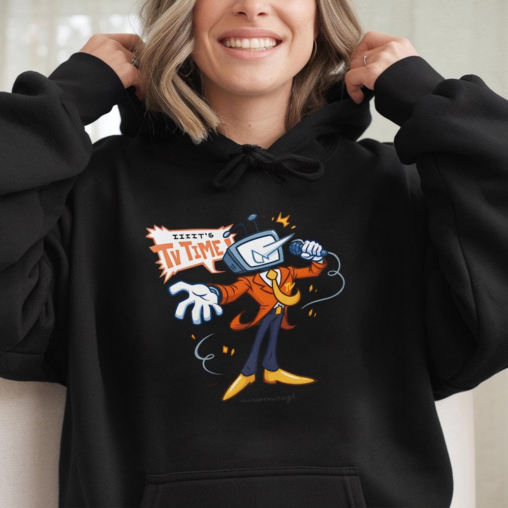 Retro TV Show Host Hoodie | Cartoon Television Character Graphic | Premium Cotton-Blend Fleece | Unique Gaming & Pop Culture 