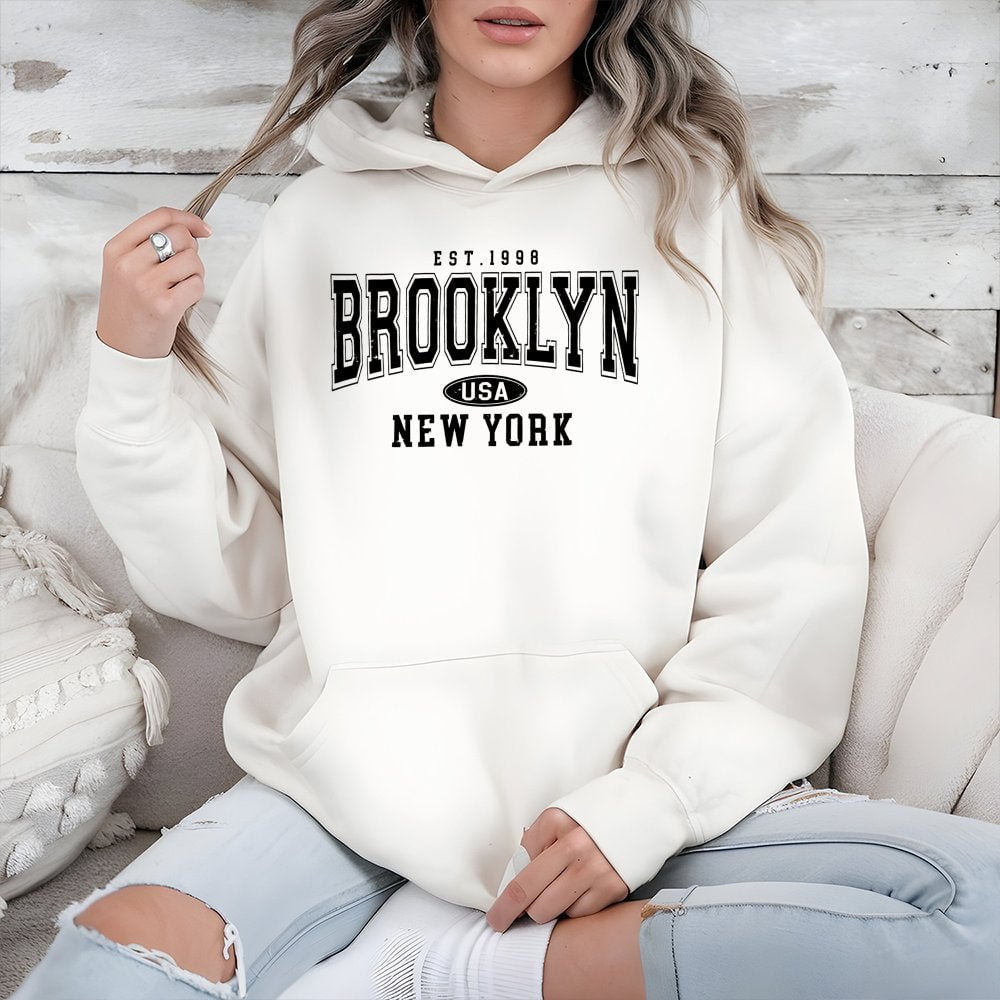 Brooklyn New York Hoodie | Vintage Aesthetic Varsity Lettering | Cotton-Polyester Blend | Unisex City Souvenir Gift