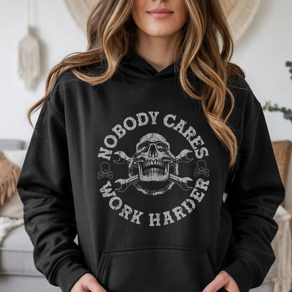 Nobody Cares Work Harder Hoodie | Skull Mechanic Tool Graphic | Premium Cotton Blend | Motivational Gym Apparel Gift For Men