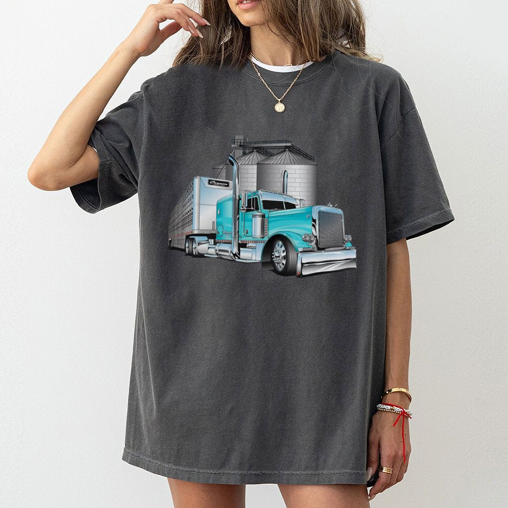 Semi Truck Graphic T-Shirt | Blue Grain Hauler Illustration | 100% Cotton Premium Tee | Gift for Truckers and Farmers