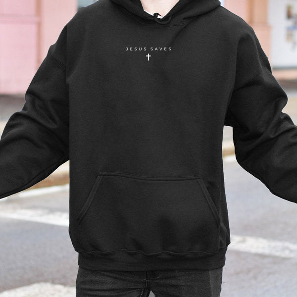 Jesus Saves Hoodie | Minimalist Cross Religious Graphic | Premium Cotton-Poly Blend | Christian Faith Gift for Men and Women