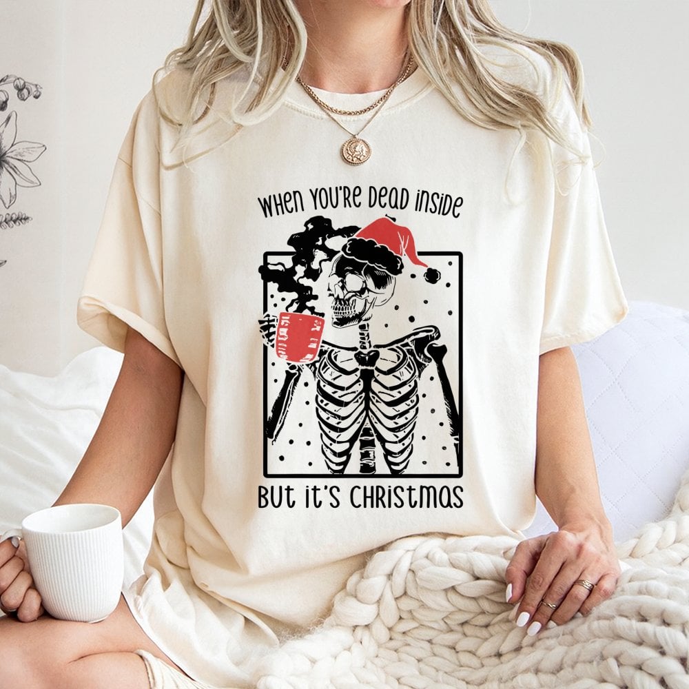 Funny Skeleton Christmas T-Shirt | Dead Inside Coffee Graphic Design | Premium 100% Cotton Tee | Sarcastic Holiday Gift for M