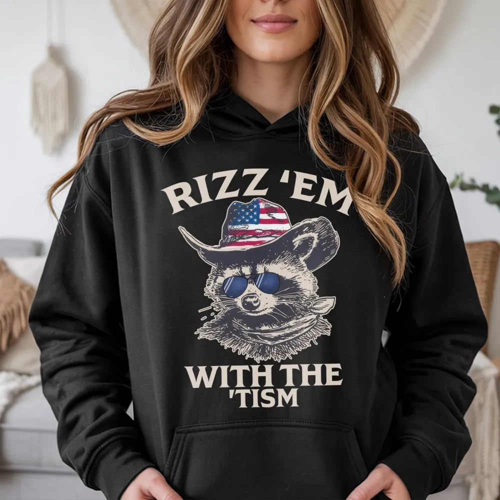Rizz Em With The Tism Hoodie | Funny Raccoon Cowboy Graphic | Premium Soft Cotton Blend | Gift For Neurodivergent Friends Adu