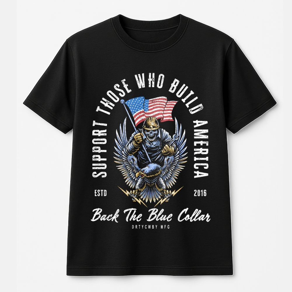 Back The Blue Collar T-Shirt | American Worker Patriotic Graphic | 100% Cotton Premium Tee | Construction Worker Gift for Men