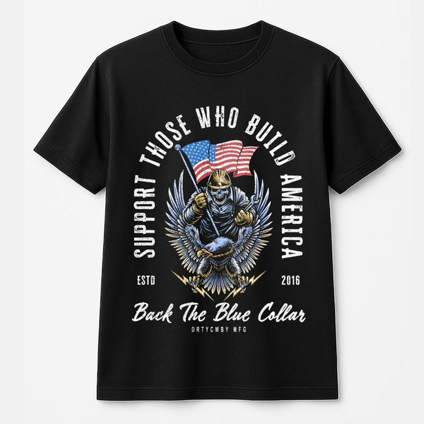 Back The Blue Collar T-Shirt | American Worker Patriotic Graphic | 100% Cotton Premium Tee | Construction Worker Gift for Men