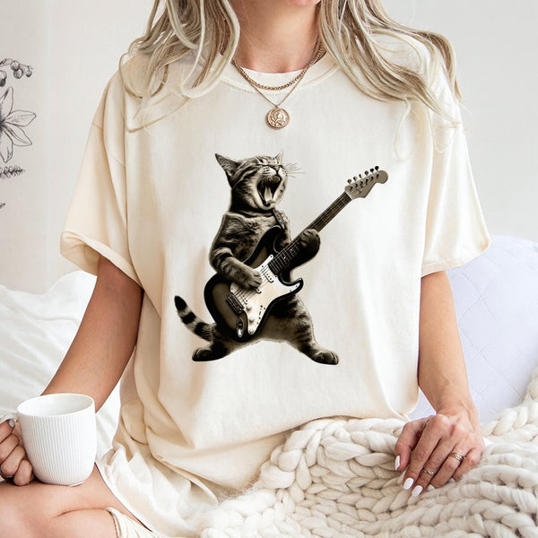 Rock Cat Guitar T-Shirt | Funny Musician Kitten Graphic | Premium 100% Cotton Tee | Unique Gift For Music Lovers & Cat Owners