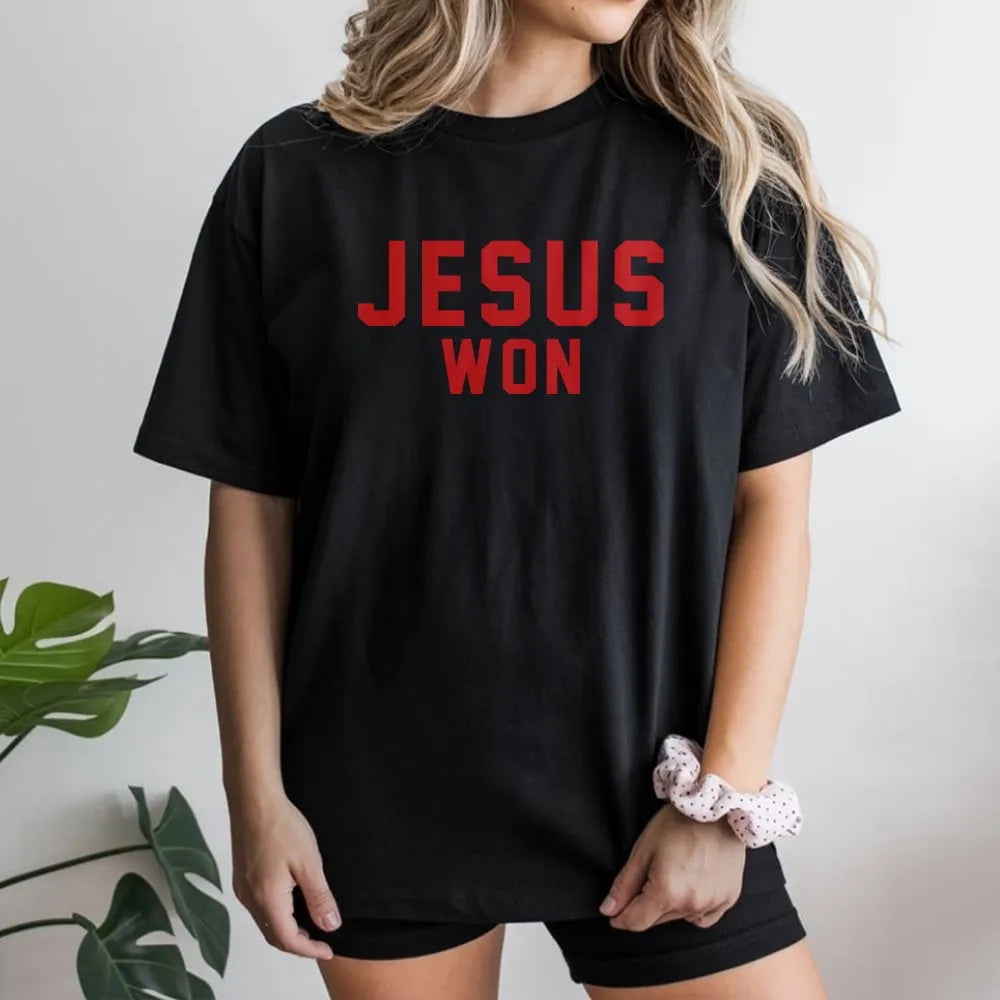 Jesus Won Graphic T-Shirt | Minimalist Christian Quote Apparel | Premium Soft Cotton Tee | Faith-Based Gift For Men And Women
