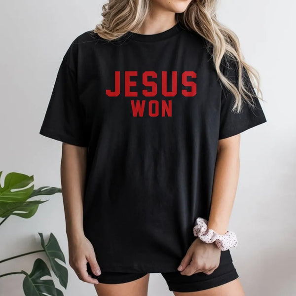 Jesus Won Graphic T-Shirt | Minimalist Christian Quote Apparel | Premium Soft Cotton Tee | Faith-Based Gift For Men And Women