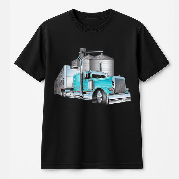 Semi Truck Graphic T-Shirt | Blue Grain Hauler Illustration | 100% Cotton Premium Tee | Gift for Truckers and Farmers