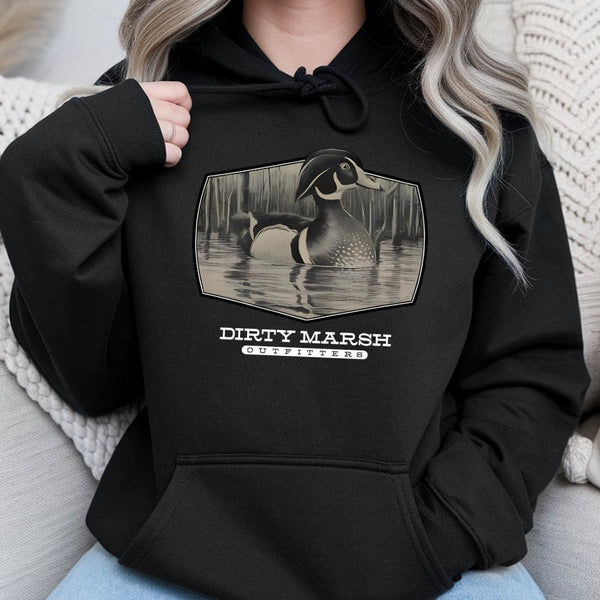Duck Hunting Hoodie | Vintage Wood Duck Marsh Graphic | Premium Cotton Blend | Waterfowl Outdoor Gift for Hunters